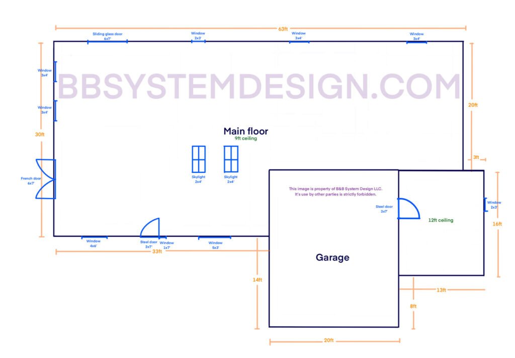 Sample floor plan showing room dimensions, room names, ceiling heights, windows, doors, and skylights required for a room-by-room Manual J and Manual S calculation.