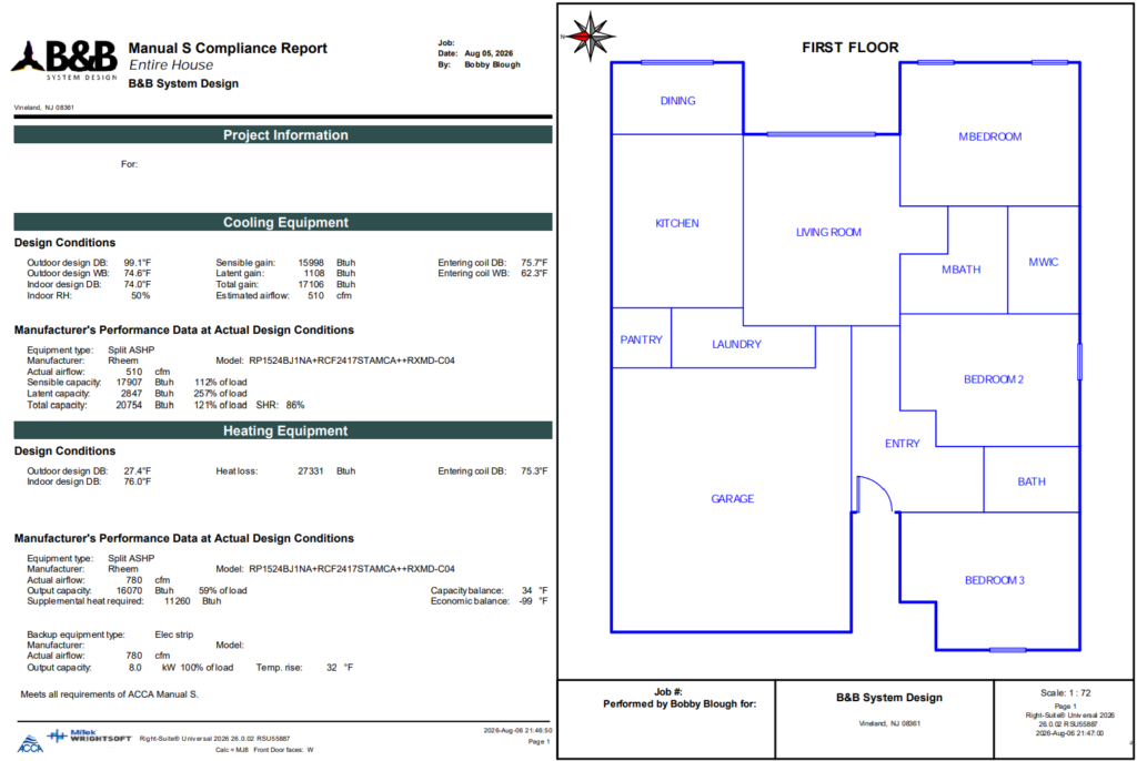 Two-page document: left is a compliance report, right is a first-floor floor plan with blue outlines and room labels (Kitchen, Dining, Living Room, bedrooms, bathrooms, garage).