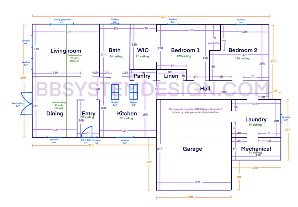 Sample floor plan showing required room dimensions, ceiling heights, windows, doors, skylights, and room labels for a Manual JDS HVAC design.