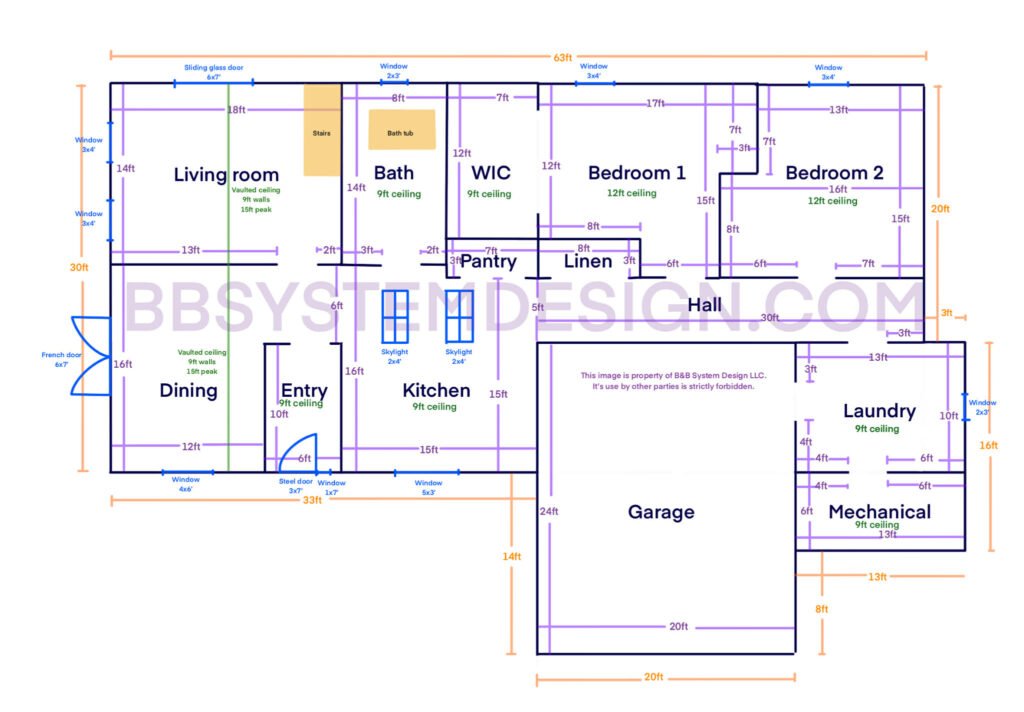 Radiant Floor Heating Design Floor Plan Requirements Sample floor plan showing room dimensions, ceiling heights, windows, doors, skylights, stairs, bathtub, and fixed obstructions required for a radiant floor heating design.